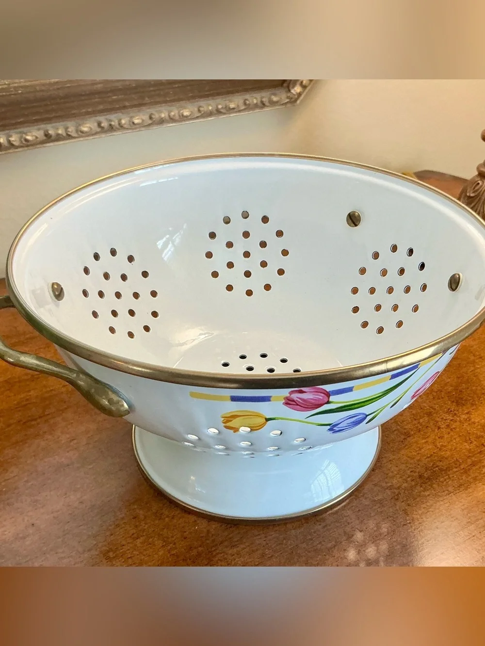 White Enameled Floral Designed Colander